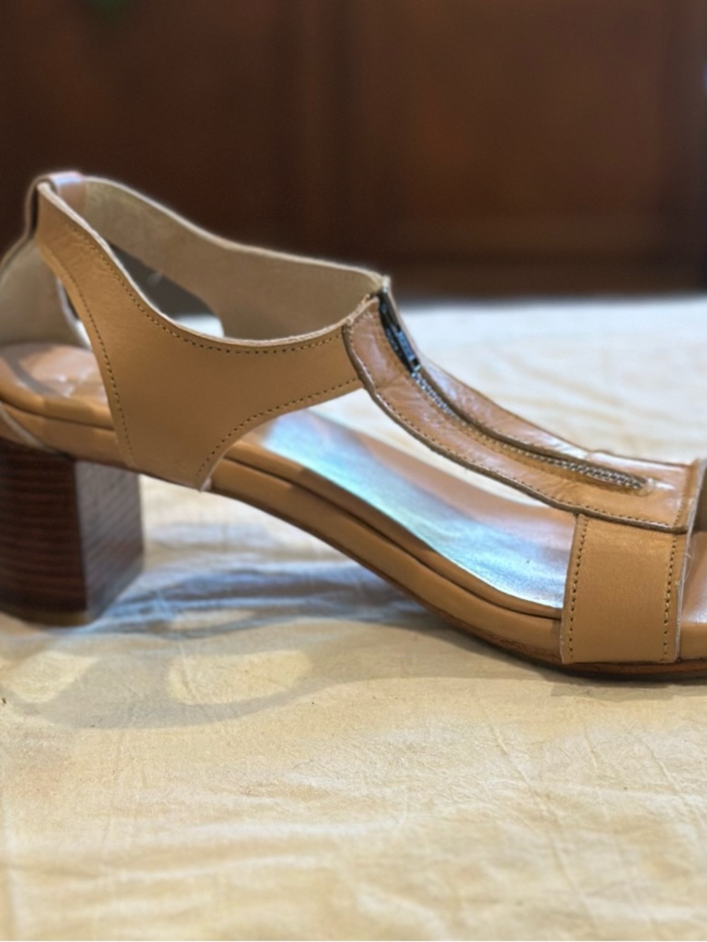 ELF Vintage Beige Handmade Leather T-Strap Zip Sandals